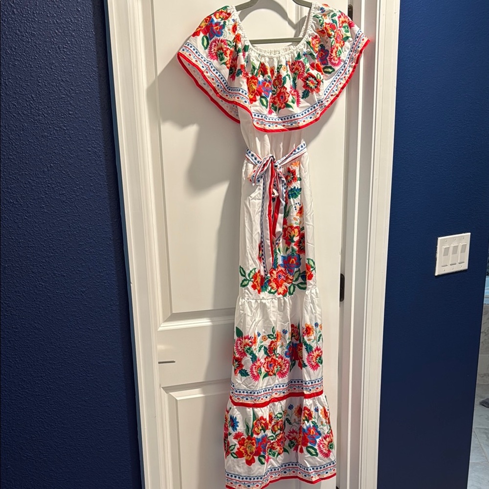 Floral Off-Shoulder Dress with Belt